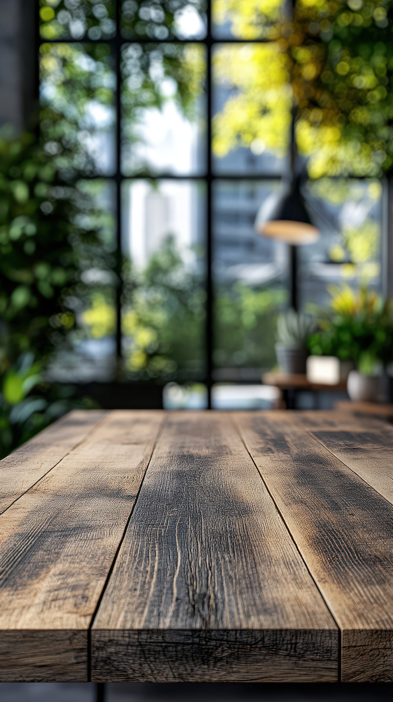 Natural light fills a cozy workspace with a wooden table and lush greenery for inspiration and productivity